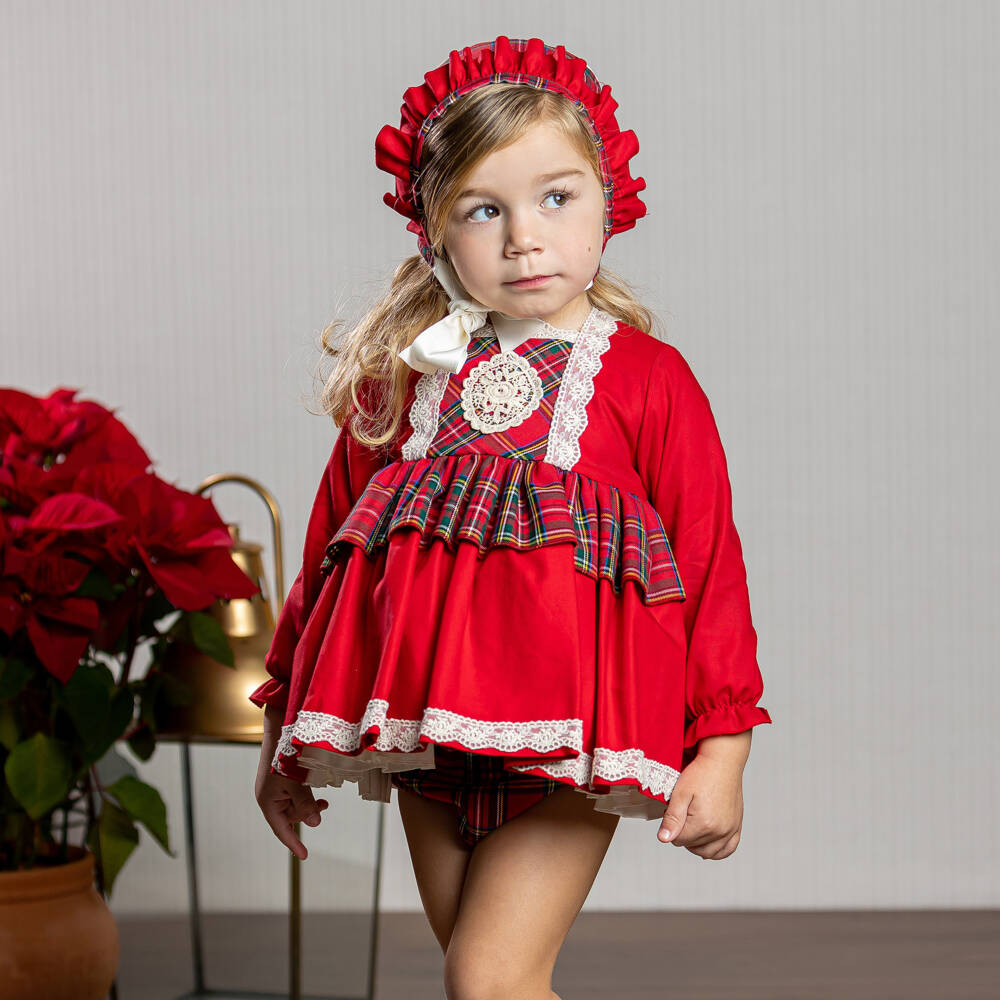 أبويلا تاتا-طقم فستان تارتان قطن لن أحمر | Childrensalon Outlet