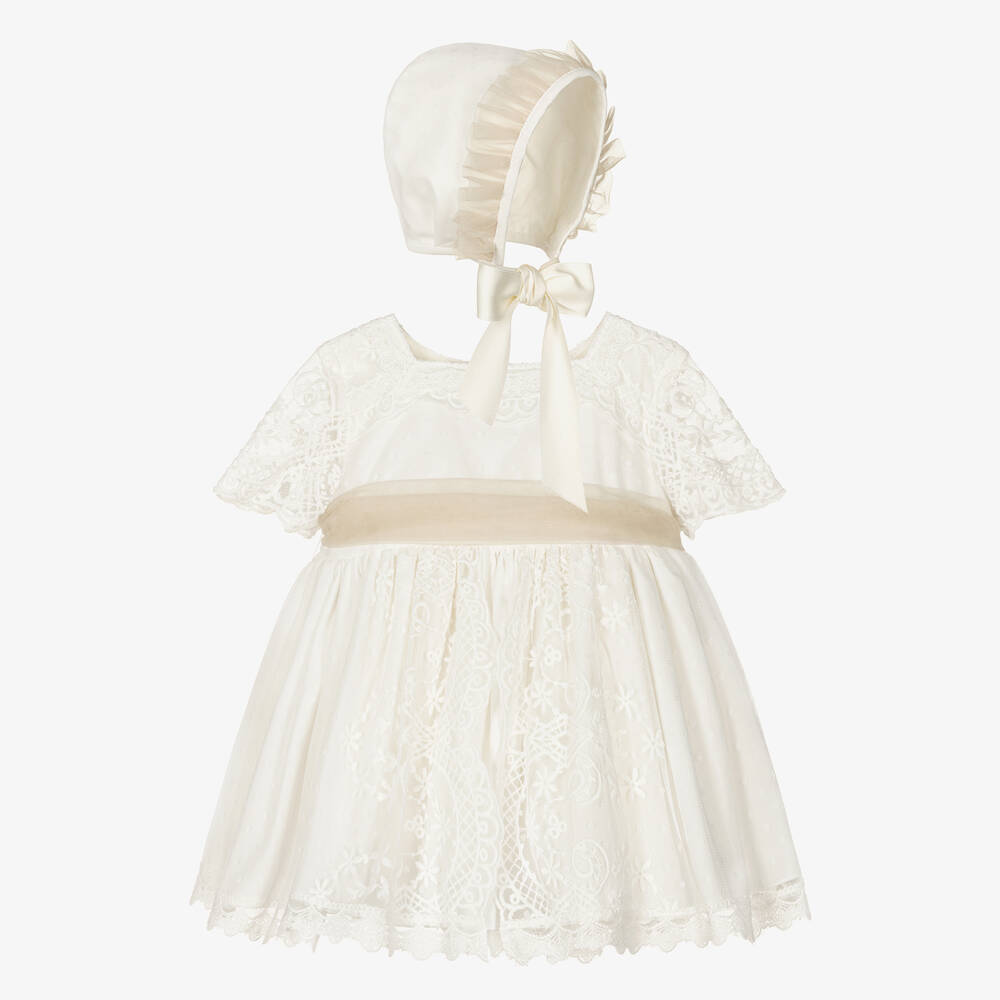 Abuela Tata - Бело-бежевое платье и чепчик из тюля | Childrensalon