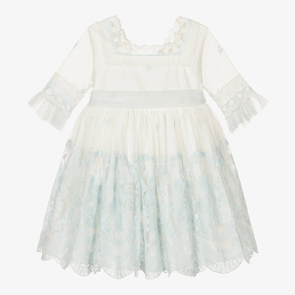 Abuela Tata - Girls White & Blue Tulle Dress  | Childrensalon