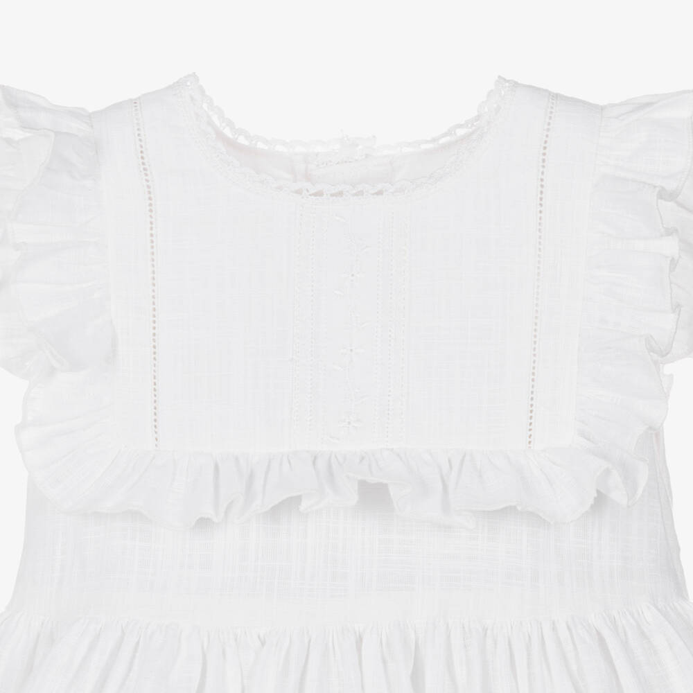 Abuela Tata-Girls White Cotton Ruffle Dress with Blue Sash | Childrensalon Outlet
