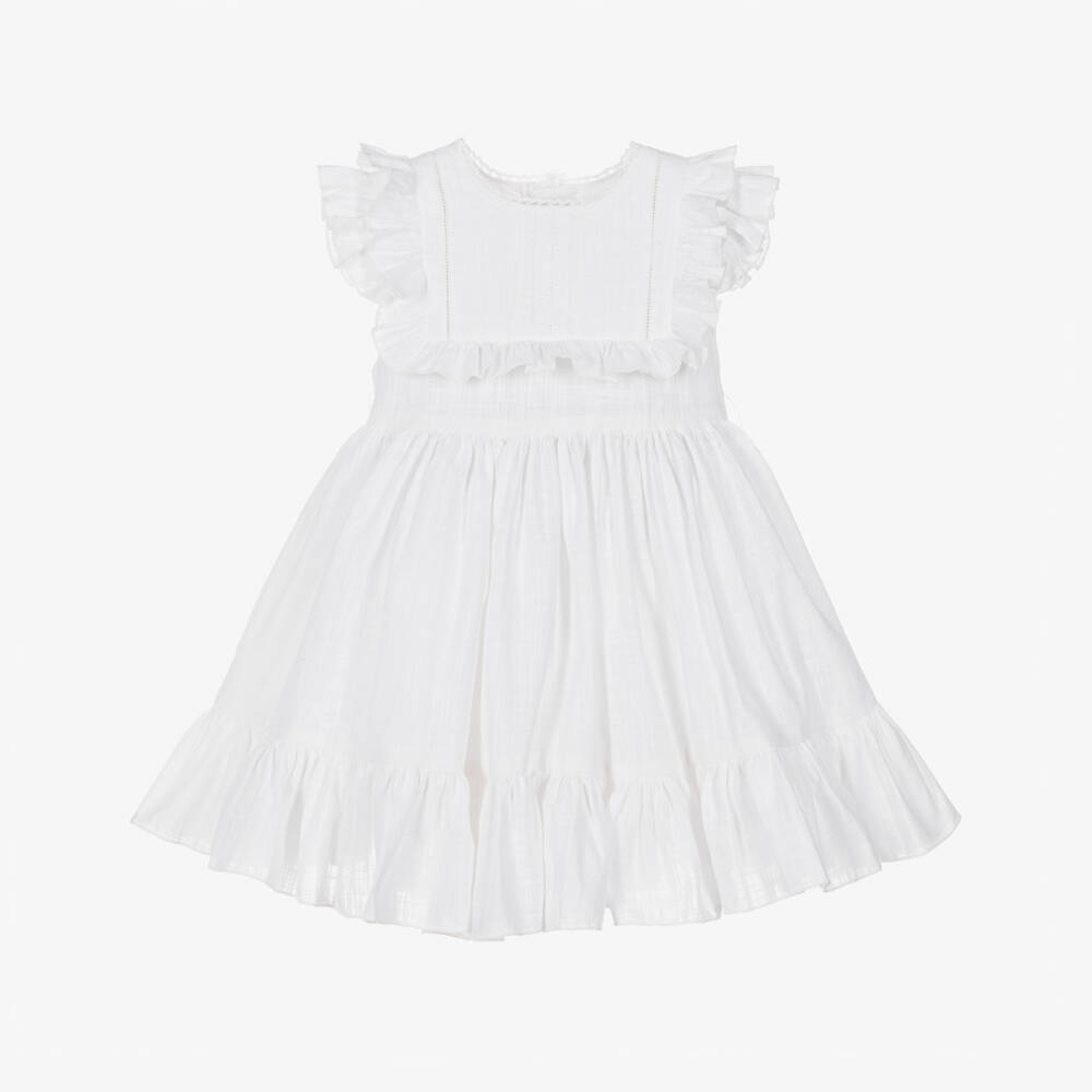 Abuela Tata-Girls White Cotton Ruffle Dress with Blue Sash | Childrensalon Outlet
