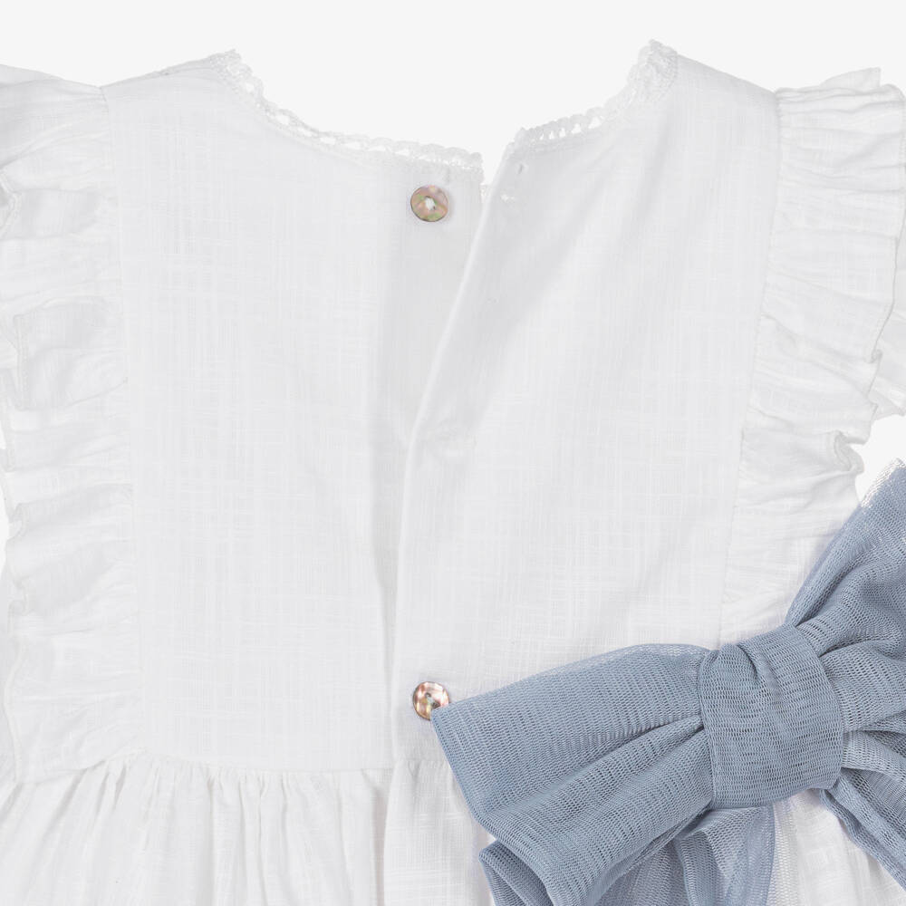 Abuela Tata-Girls White Cotton Ruffle Dress with Blue Sash | Childrensalon Outlet