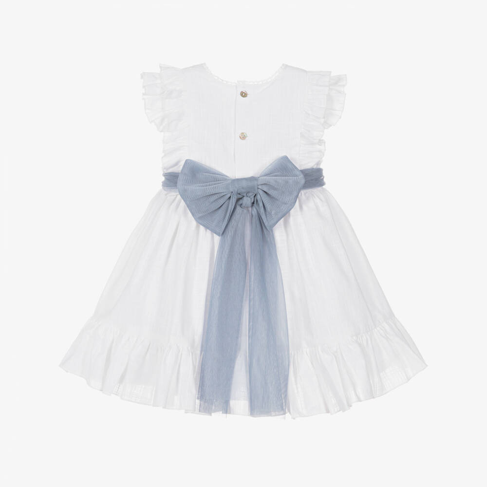 Abuela Tata-Girls White Cotton Ruffle Dress with Blue Sash | Childrensalon Outlet