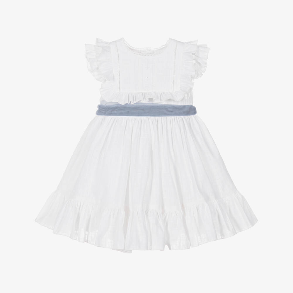 Abuela Tata-Girls White Cotton Ruffle Dress with Blue Sash | Childrensalon Outlet