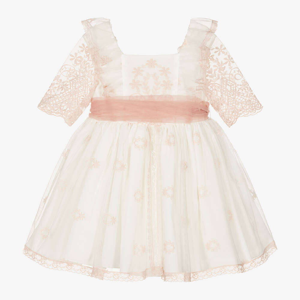 Abuela Tata - Robe blanche et rose en tulle fille | Childrensalon