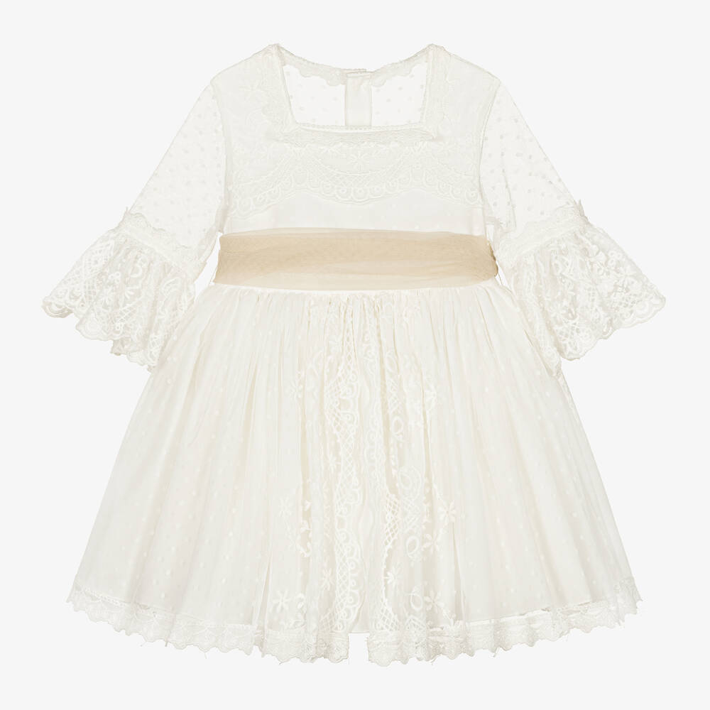 Abuela Tata - Girls White Tulle & Beige Sash Dress  | Childrensalon