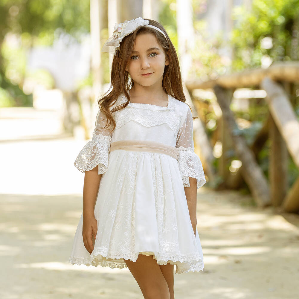 Abuela Tata-Белое платье из тюля с бежевым поясом | Childrensalon Outlet
