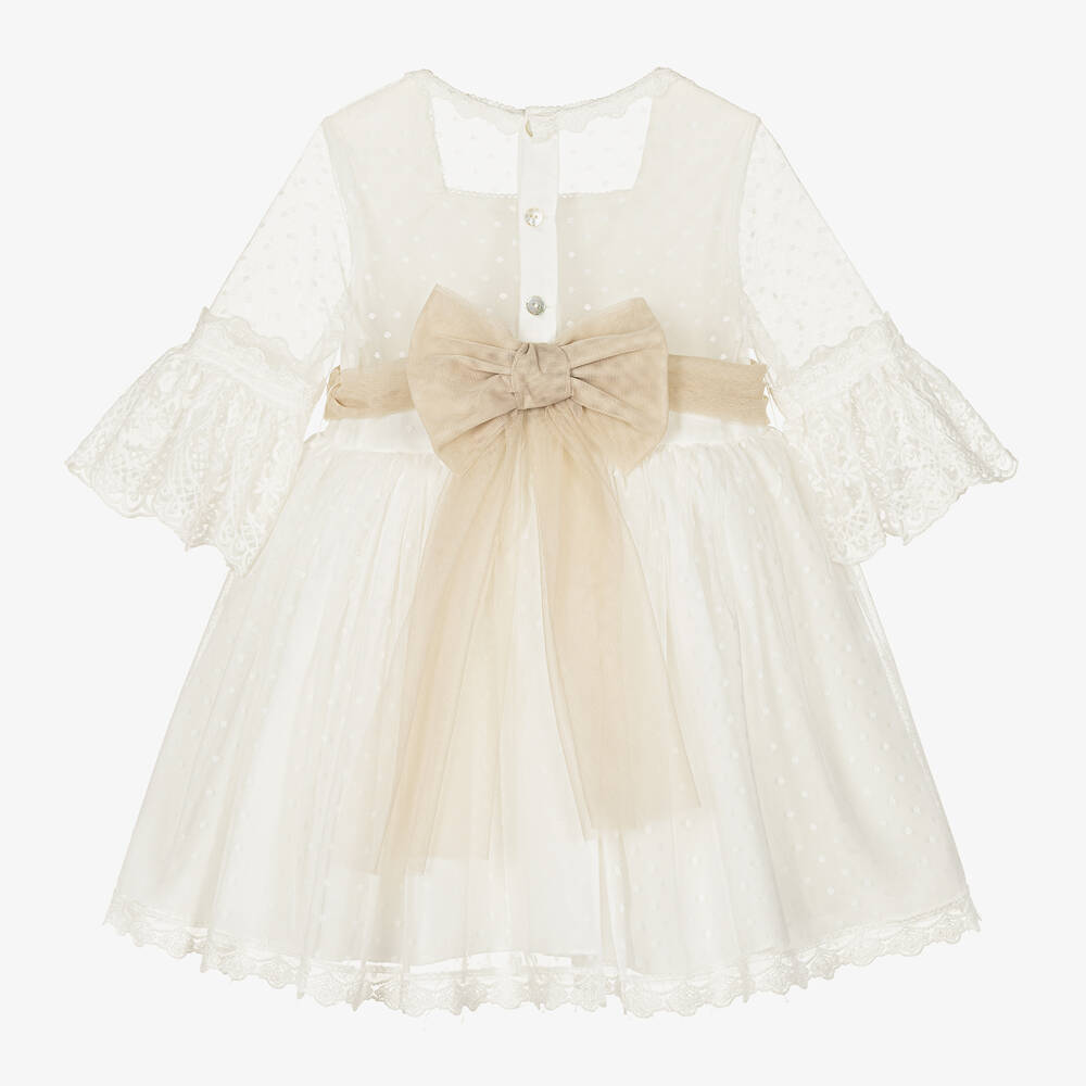 Abuela Tata-Белое платье из тюля с бежевым поясом | Childrensalon Outlet