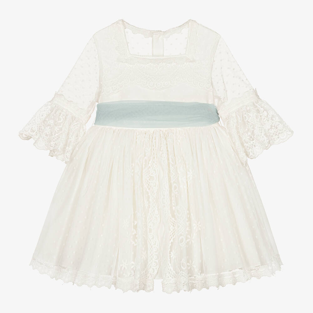 Abuela Tata - Girls White Tulle & Blue Sash Dress  | Childrensalon