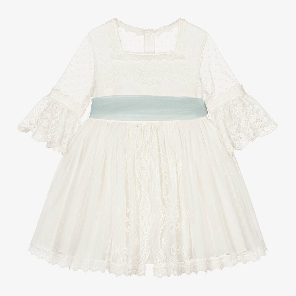 Abuela Tata - Robe blanche ceinturée tulle fille  | Childrensalon