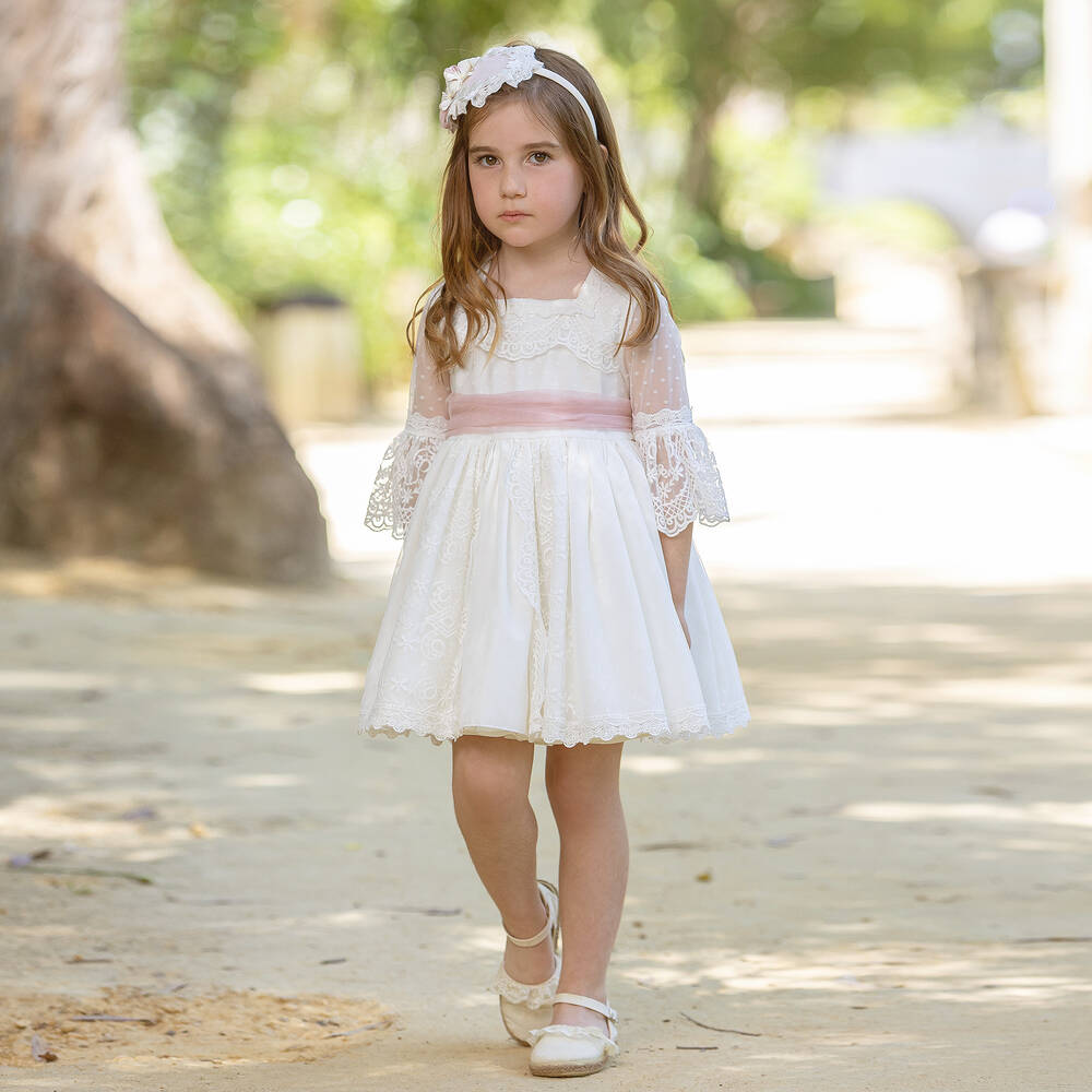Abuela Tata-Белое платье из тюля с розовым поясом | Childrensalon Outlet