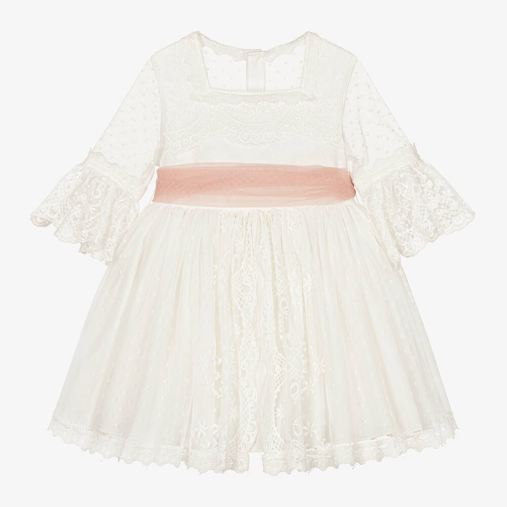 Abuela Tata - Girls White Tulle & Pink Sash Dress  | Childrensalon
