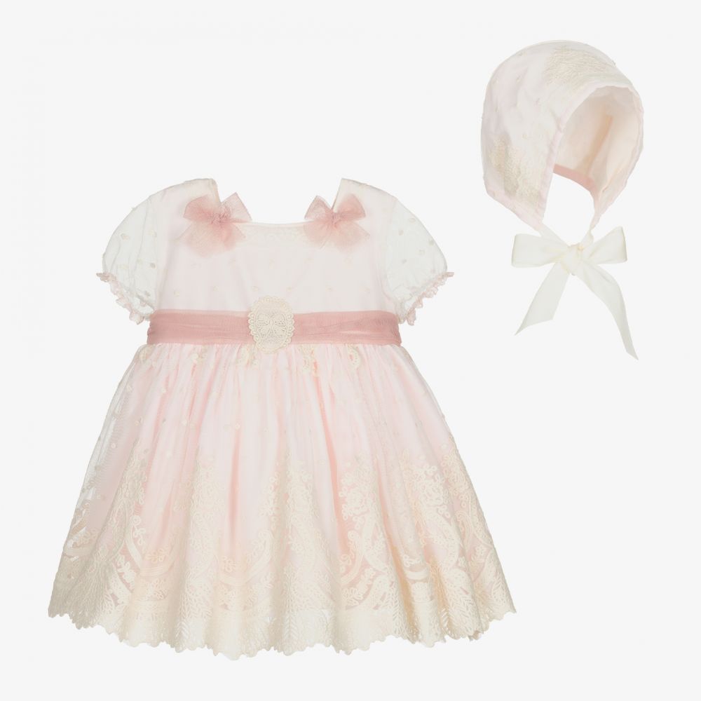 Abuela Tata - Кремово-розовое платье с кружевом и чепец | Childrensalon