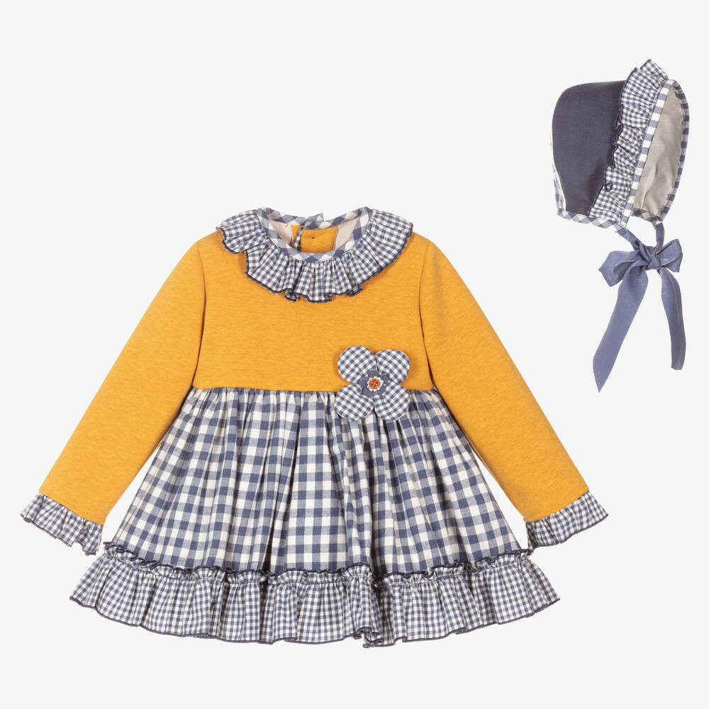 Abuela Tata - طقم فستان أطفال بناتي قطن لون أصفر وأزرق | Childrensalon