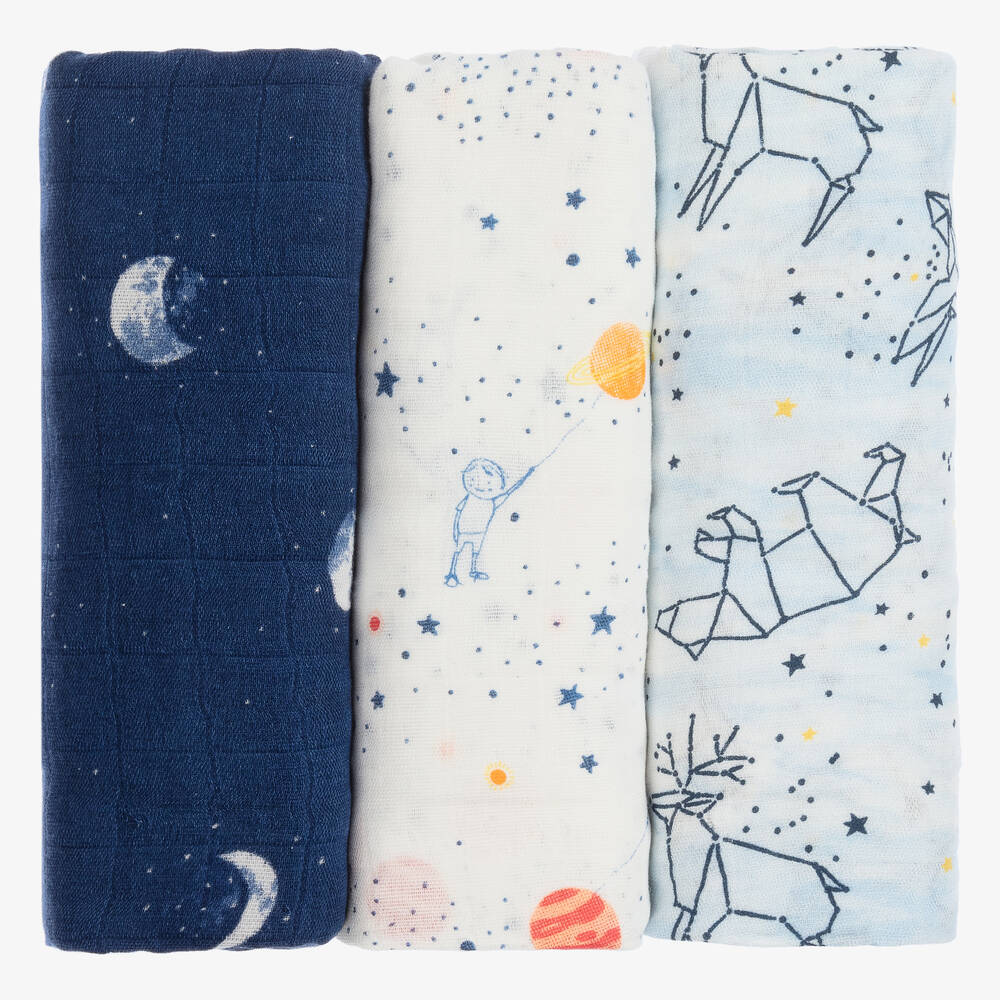 aden + anais-Blue & White Muslin Swaddles (3 Pack) | Childrensalon Outlet