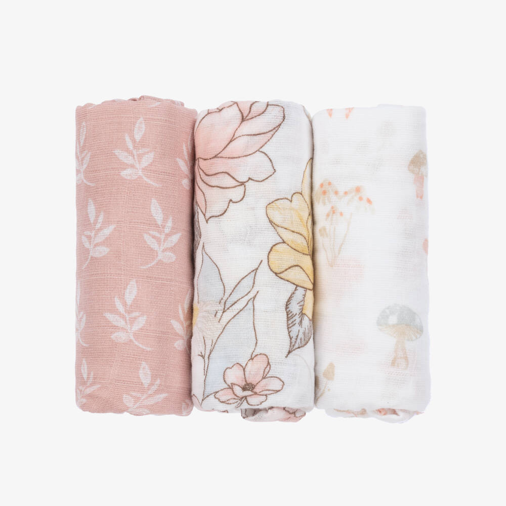 aden + anais-Girls White & Pink Muslin Cloths (3 Pack) | Childrensalon Outlet