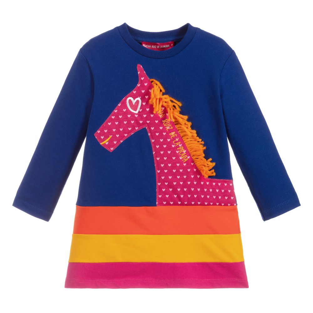 Agatha Ruiz de la Prada - Синее платье из хлопкового джерси с лошадкой | Childrensalon