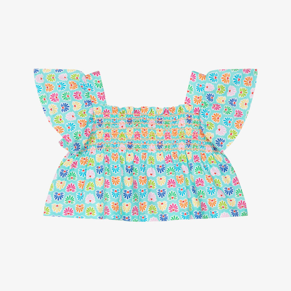 Agatha Ruiz de la Prada-Girls Aqua Blue Cropped Blouse with Colourful Print | Childrensalon Outlet