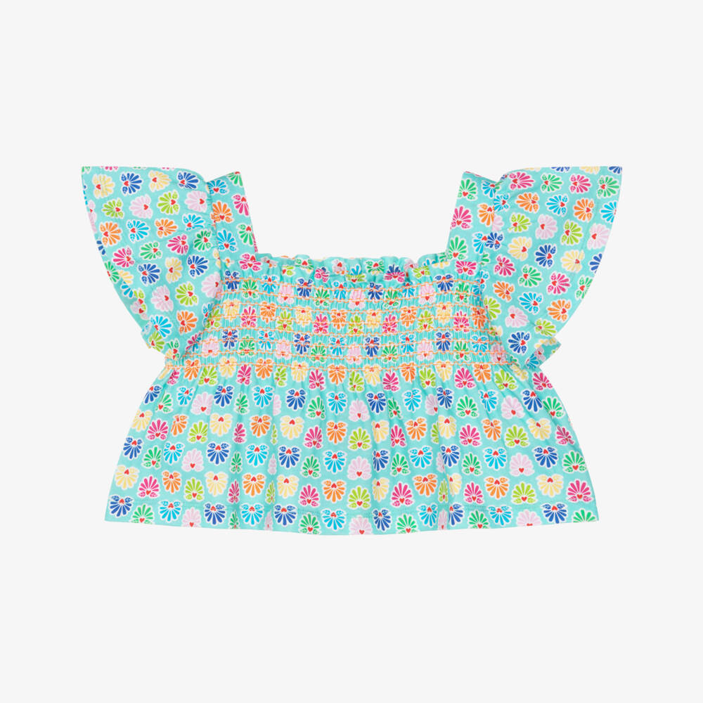 Agatha Ruiz de la Prada-Girls Aqua Blue Cropped Blouse with Colourful Print | Childrensalon Outlet