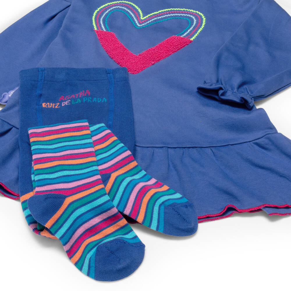 Agatha Ruiz de la Prada-Girls Blue Cotton Jersey Dress Set with Embroidered Heart | Childrensalon Outlet