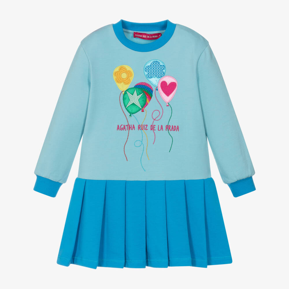 Agatha Ruiz de la Prada-Girls Blue Cotton Jersey Dress with Pleated Skirt | Childrensalon Outlet