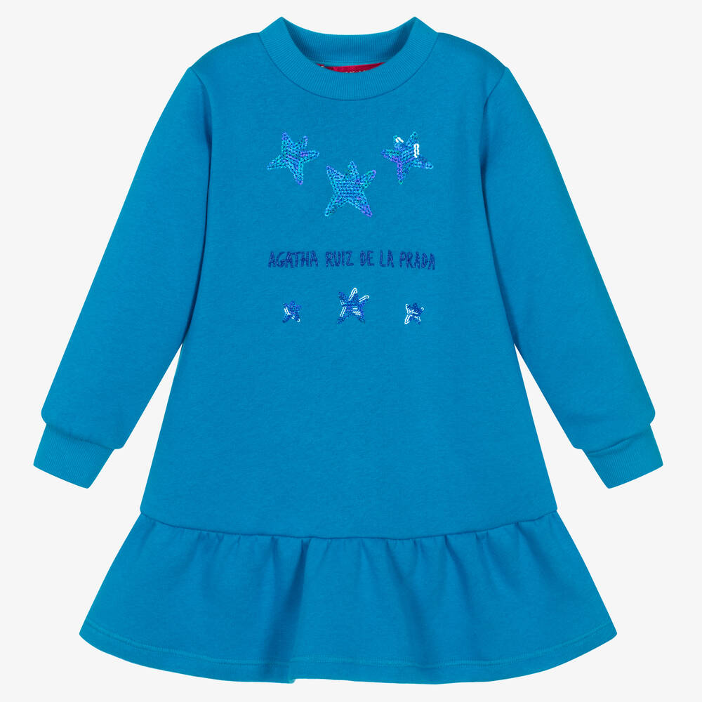 Agatha Ruiz de la Prada - Girls Blue Cotton Jersey Logo Dress | Childrensalon