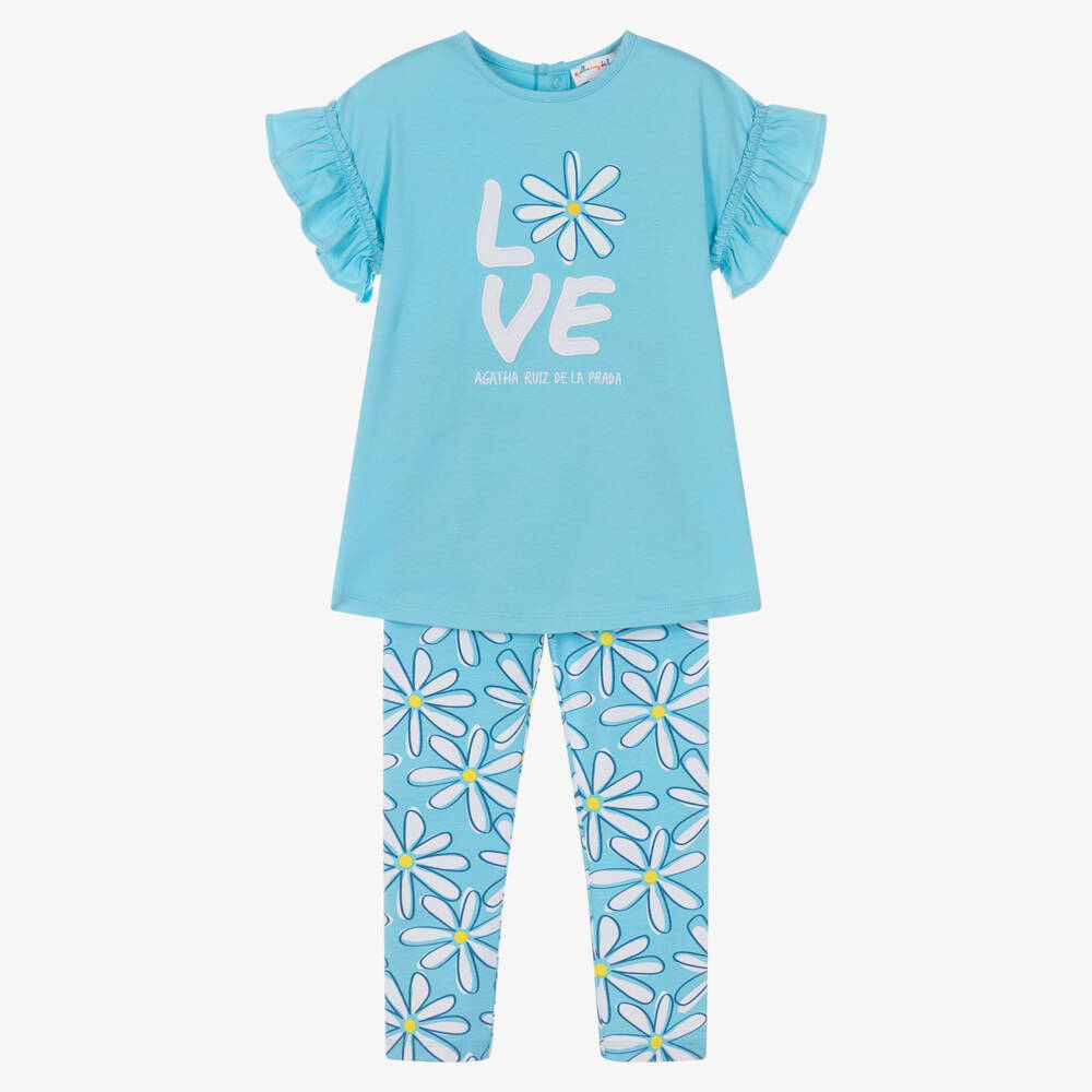 Agatha Ruiz de la Prada-Girls Blue Cotton Jersey Love Daisy Logo Leggings Set | Childrensalon Outlet