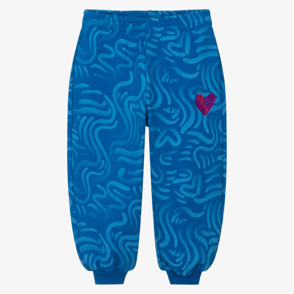 Agatha Ruiz de la Prada-Girls Blue Cotton Joggers with Pink Sequin Logo Heart | Childrensalon Outlet