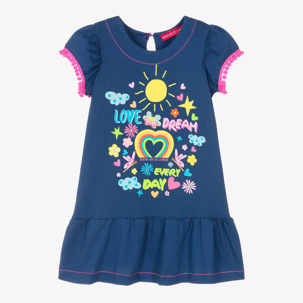 Agatha Ruiz de la Prada - Girls Blue Cotton Logo Dress | Childrensalon