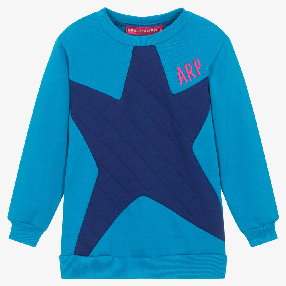 Agatha Ruiz de la Prada - Baumwoll-Sweatshirtkleid mit Sternmotiv in Blau für Mädchen | Childrensalon