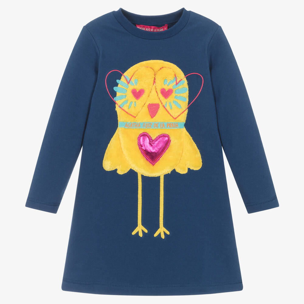 Agatha Ruiz de la Prada - Blaues Baumwoll-Sweatshirt-Kleid mit Kükenmotiv für Mädchen | Childrensalon