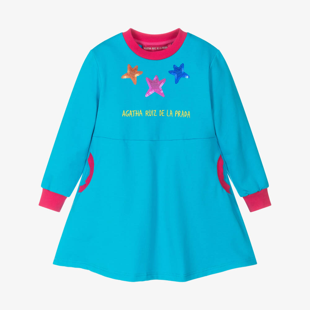 Agatha Ruiz de la Prada-فستان سويتشيرت قطن جيرسي لون أزرق تركواز | Childrensalon Outlet