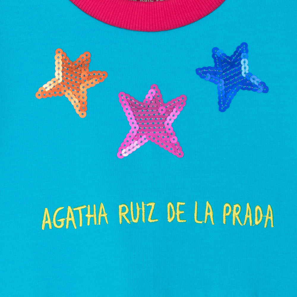 Agatha Ruiz de la Prada-فستان سويتشيرت قطن جيرسي لون أزرق تركواز | Childrensalon Outlet