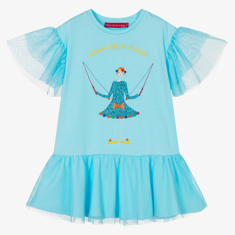 Agatha Ruiz de la Prada - Robe bleue en coton et tulle fille | Childrensalon