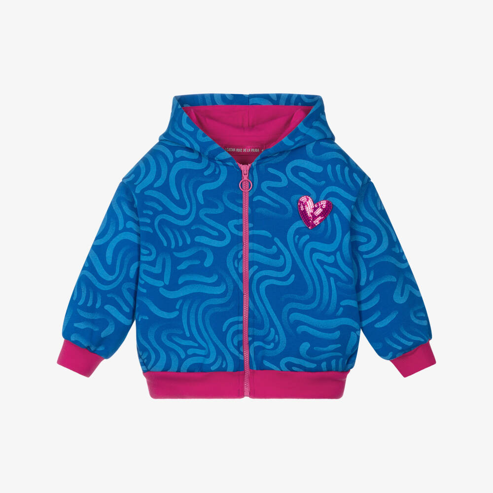 Agatha Ruiz de la Prada-Girls Blue Cotton Zip-Up Hoodie with Sequin Logo Heart | Childrensalon Outlet