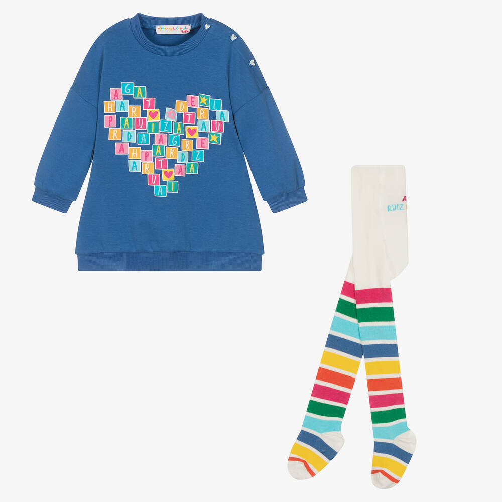 Agatha Ruiz de la Prada - Girls Blue Dress & Striped Tights Set | Childrensalon