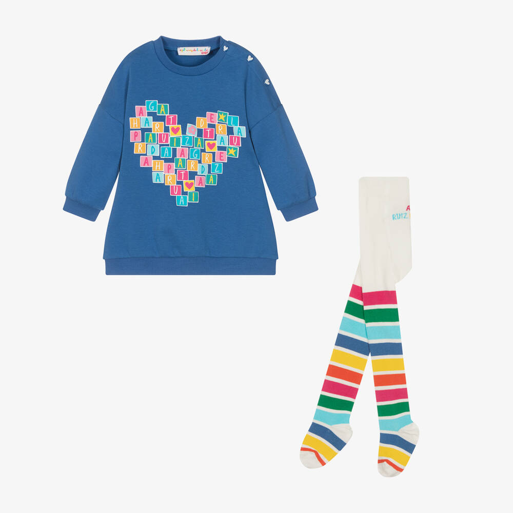 Agatha Ruiz de la Prada-طقم فستان وكولون قطن مقلم لون أزرق | Childrensalon Outlet