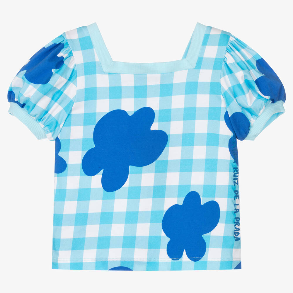 Agatha Ruiz de la Prada - Girls Blue Gingham Cotton T-Shirt | Childrensalon