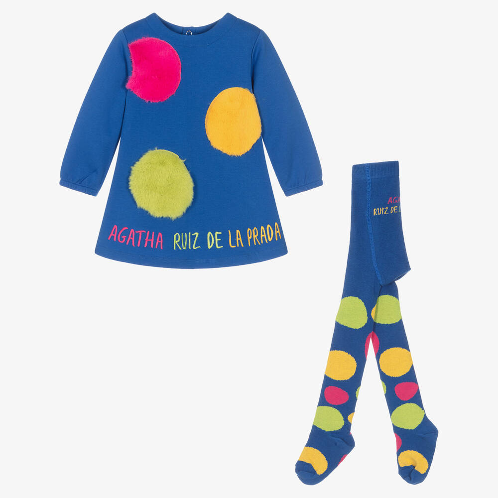 Agatha Ruiz de la Prada - Girls Blue Jersey Dress & Tights Set | Childrensalon