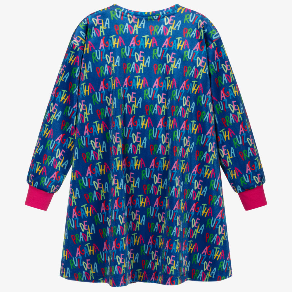 Agatha Ruiz de la Prada-Girls Blue Logo Velour Dress | Childrensalon Outlet