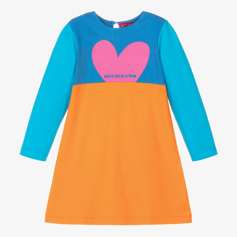 Agatha Ruiz de la Prada - Girls Blue & Orange Viscose Logo Dress | Childrensalon