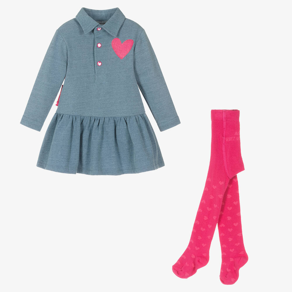Agatha Ruiz de la Prada - Girls Blue & Pink Heart Dress Set | Childrensalon