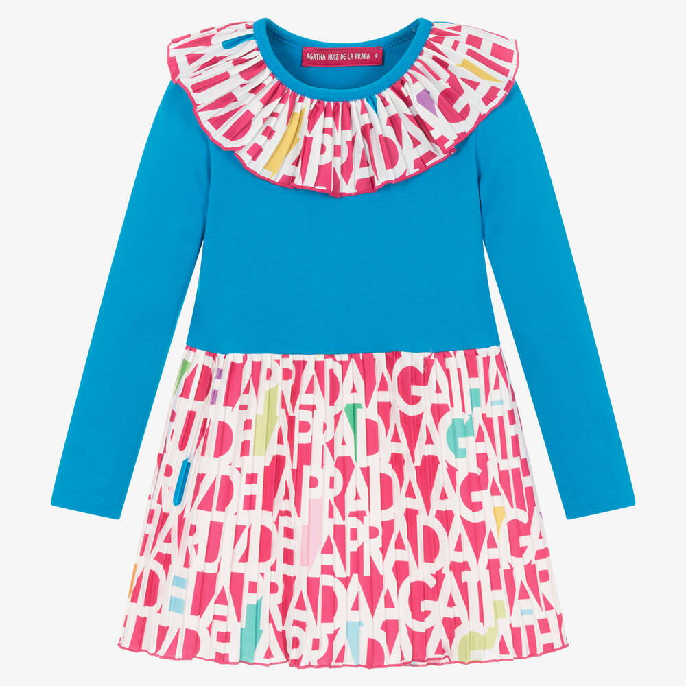 Agatha Ruiz de la Prada - Girls Blue & Pink Pleated Dress | Childrensalon