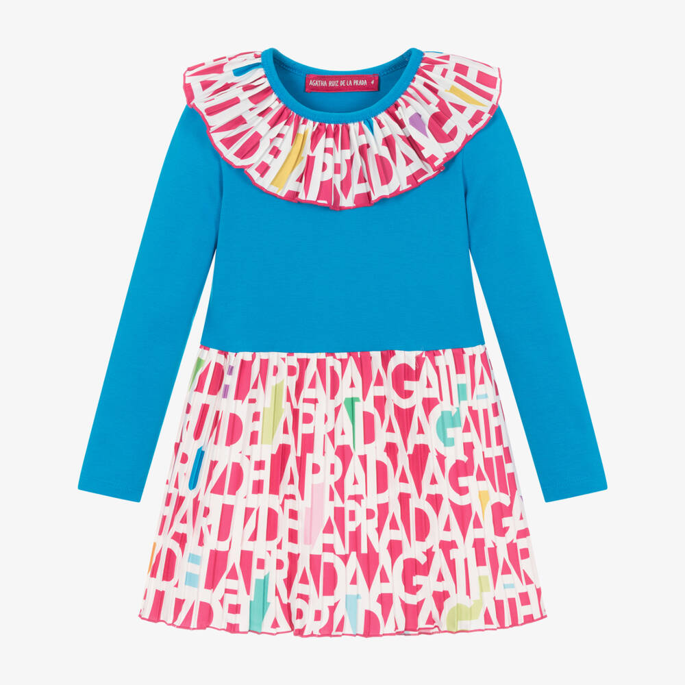 Agatha Ruiz de la Prada-فستان فيسكوز جيرسي بكسرات لون أزرق وزهري | Childrensalon Outlet