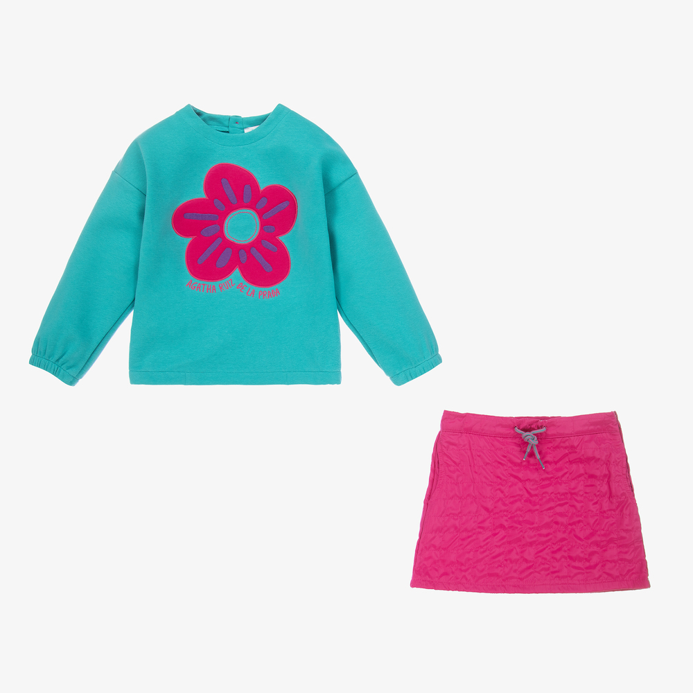 Agatha Ruiz de la Prada-طقم تنورة 3 قطع قطن جيرسي لون أزرق وزهري | Childrensalon Outlet