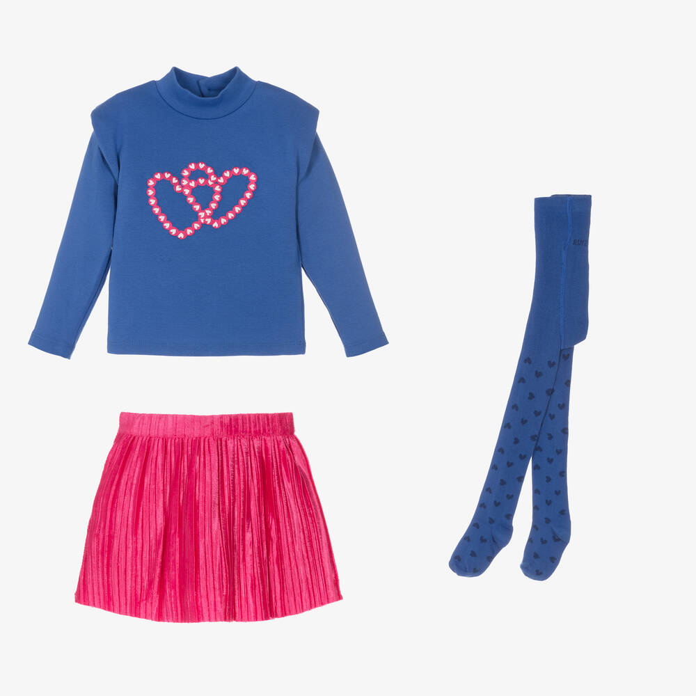 Agatha Ruiz de la Prada-طقم تنورة قطن لون أزرق وزهري | Childrensalon Outlet