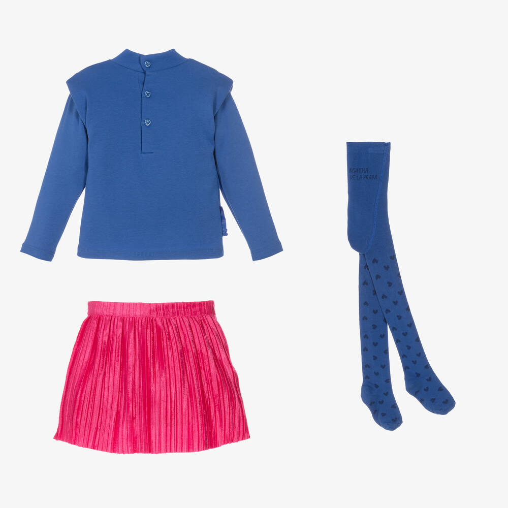 Agatha Ruiz de la Prada-طقم تنورة قطن لون أزرق وزهري | Childrensalon Outlet