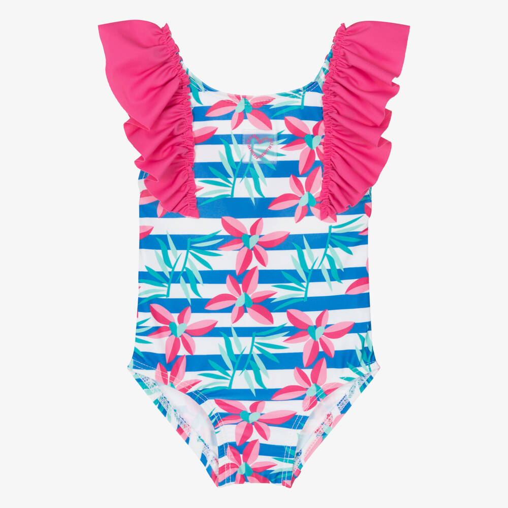 Agatha Ruiz de la Prada-Girls Blue Stripe & Pink Floral Swimsuit | Childrensalon Outlet