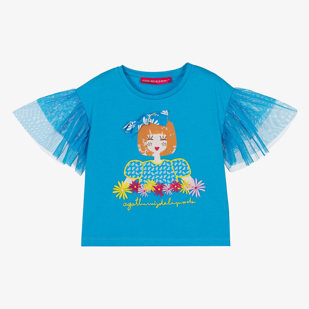 Agatha Ruiz de la Prada - Girls Blue Tulle Sleeve Cotton T-Shirt | Childrensalon