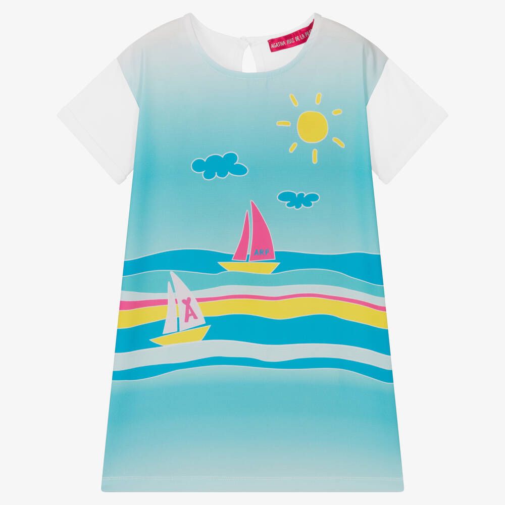Agatha Ruiz de la Prada - Girls Blue & White Boat Print Dress | Childrensalon